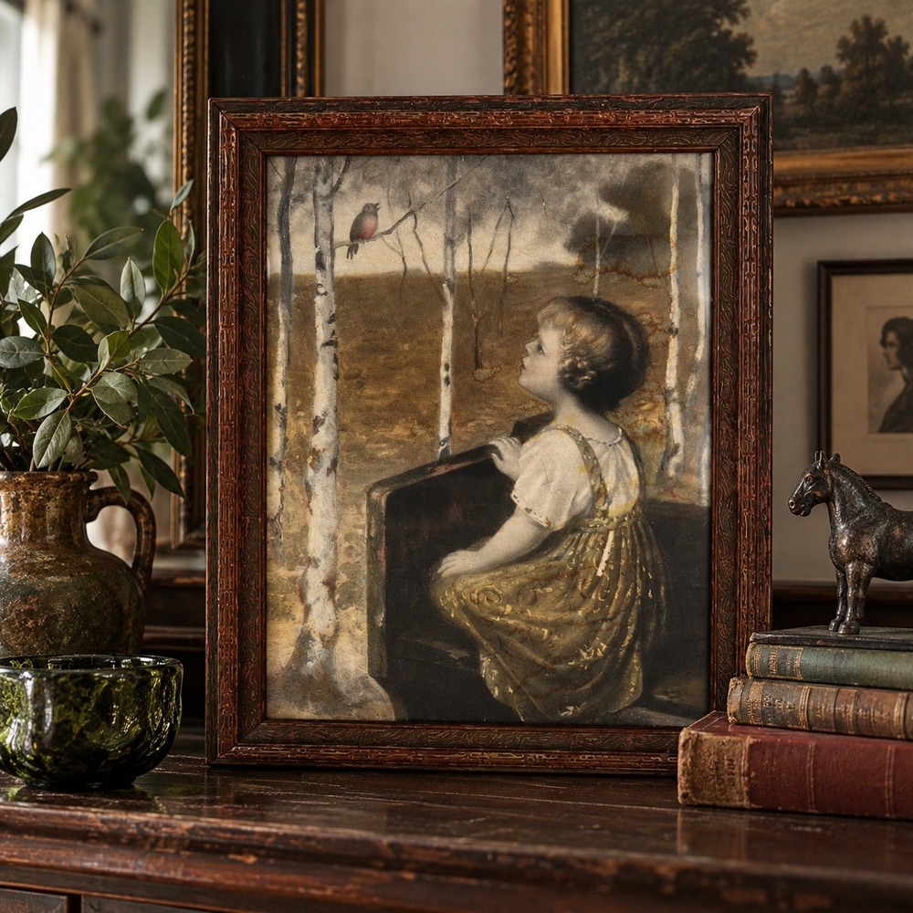 Romantic Vintage Framed Art, Spring Song Girl & Robin by Simon Glucklich